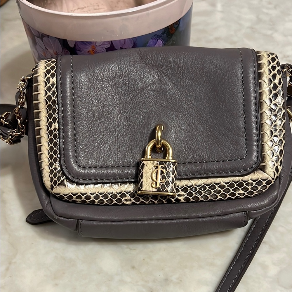 Chic Gray Leather Crossbody Bag with Snake Print Trim